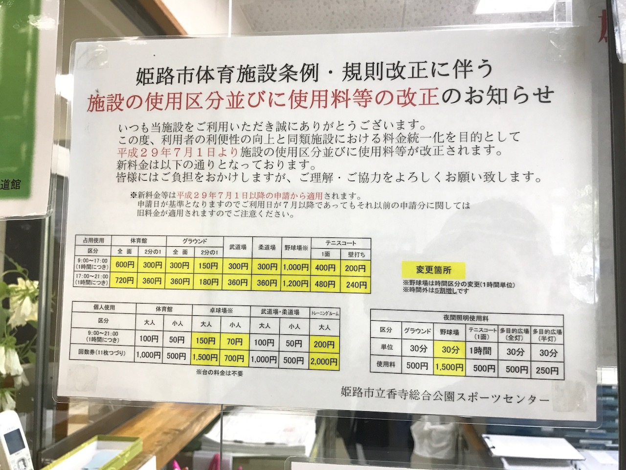 2017年7月1日から香寺町のテニスコートや野球場、スポーツジム等の料金が上がる！